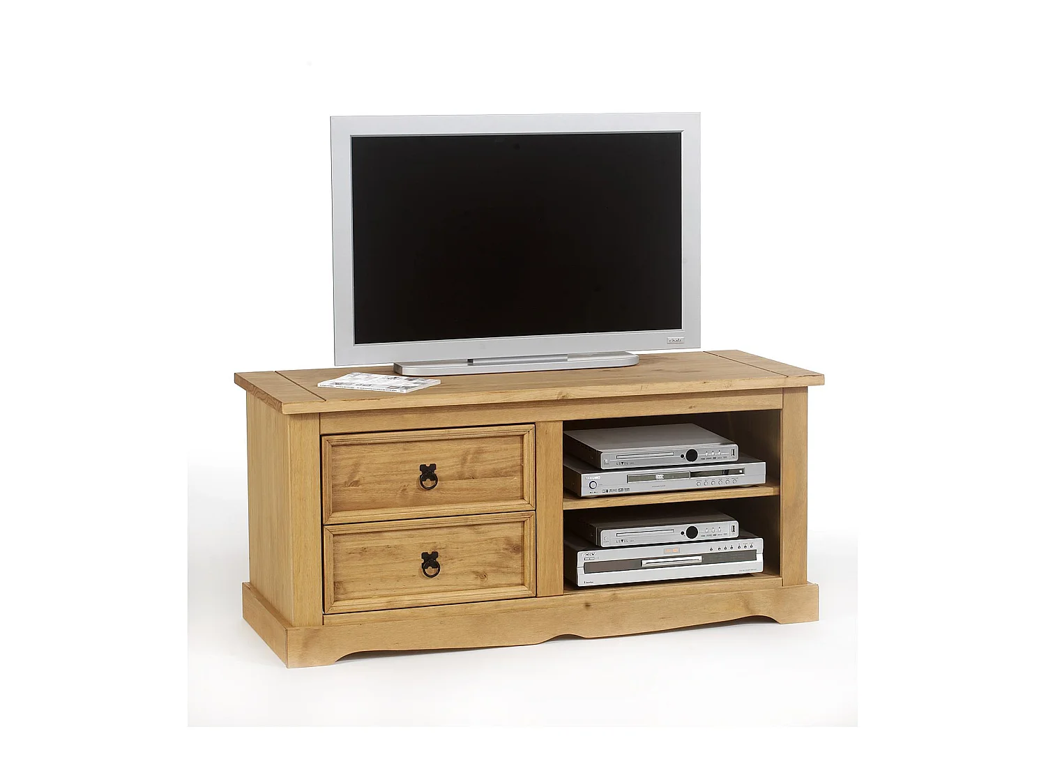 Meuble TV TEQUILA L 120 cm en bois massif brun avec 2 tiroirs et 2 niches, meuble de salon style mexicain
