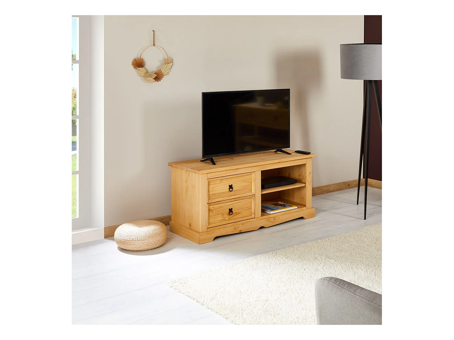 Meuble TV TEQUILA L 120 cm en bois massif brun avec 2 tiroirs et 2 niches, meuble de salon style mexicain