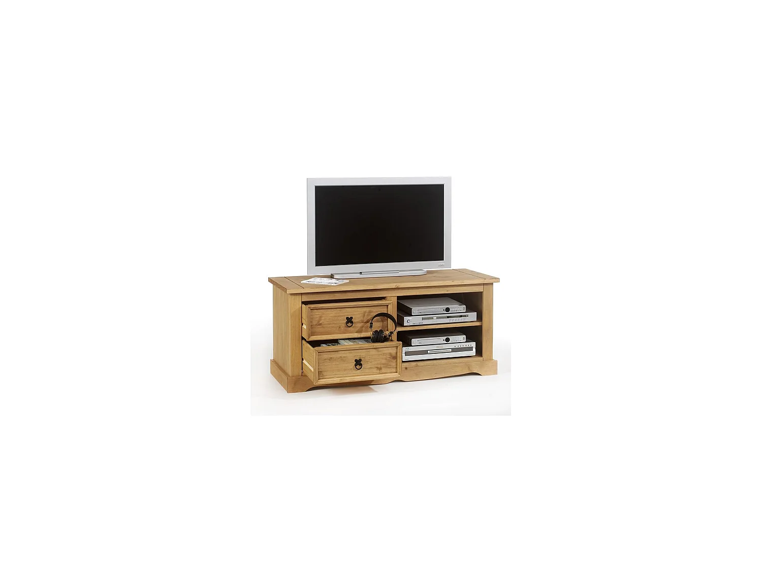 Meuble TV TEQUILA L 120 cm en bois massif brun avec 2 tiroirs et 2 niches, meuble de salon style mexicain