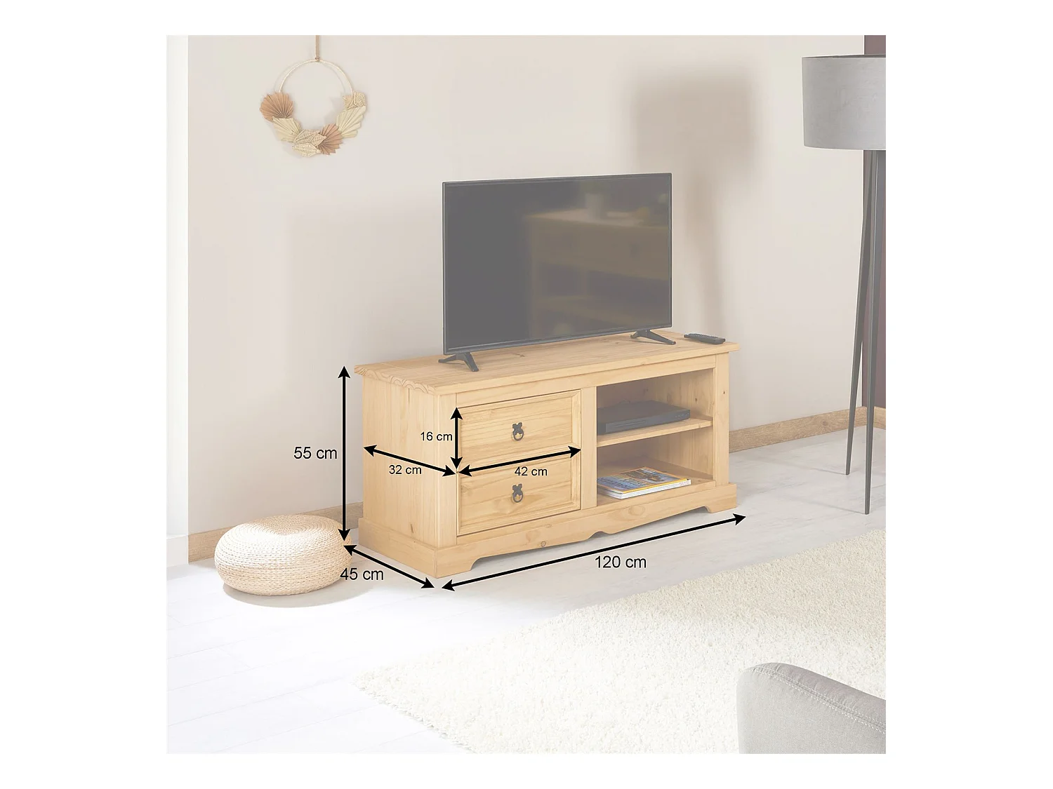Meuble TV TEQUILA L 120 cm en bois massif brun avec 2 tiroirs et 2 niches, meuble de salon style mexicain