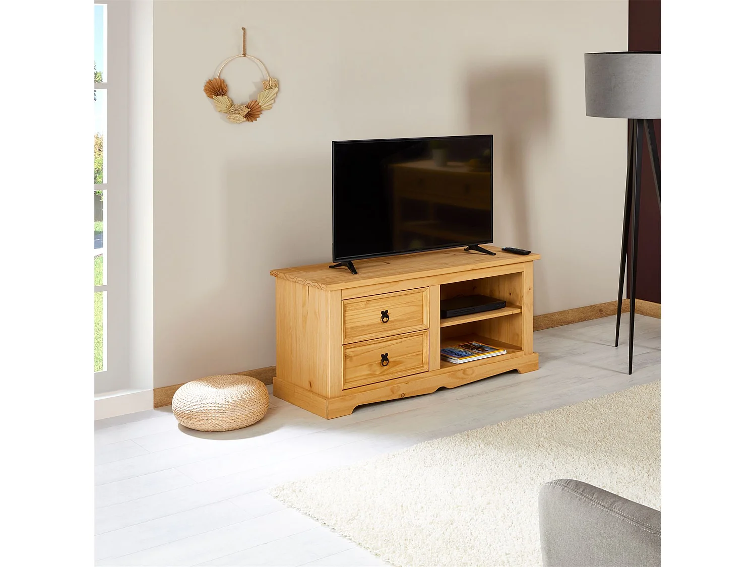 Meuble TV TEQUILA L 120 cm en bois massif brun avec 2 tiroirs et 2 niches, meuble de salon style mexicain