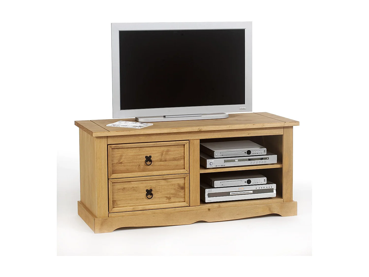 Meuble TV TEQUILA L 120 cm en bois massif brun avec 2 tiroirs et 2 niches, meuble de salon style mexicain