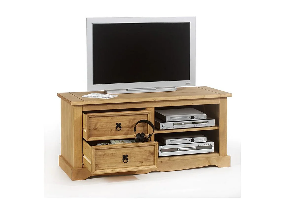 Meuble TV TEQUILA L 120 cm en bois massif brun avec 2 tiroirs et 2 niches, meuble de salon style mexicain