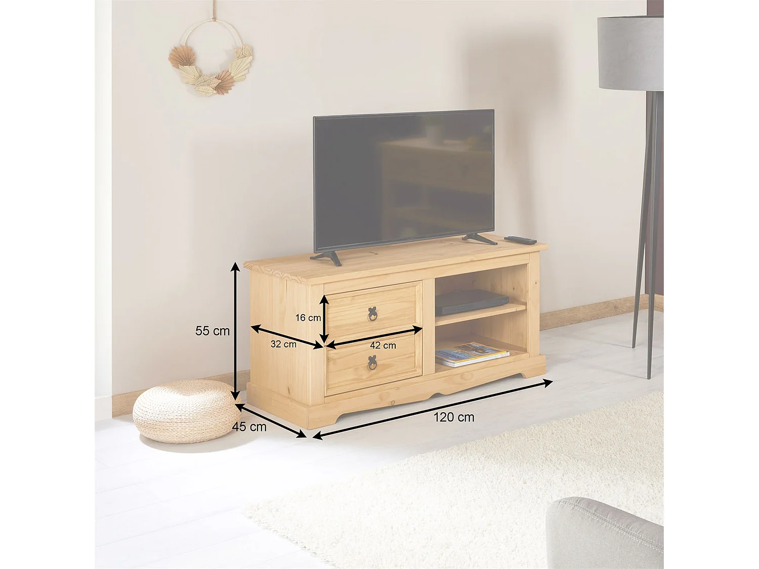 Meuble TV TEQUILA L 120 cm en bois massif brun avec 2 tiroirs et 2 niches, meuble de salon style mexicain