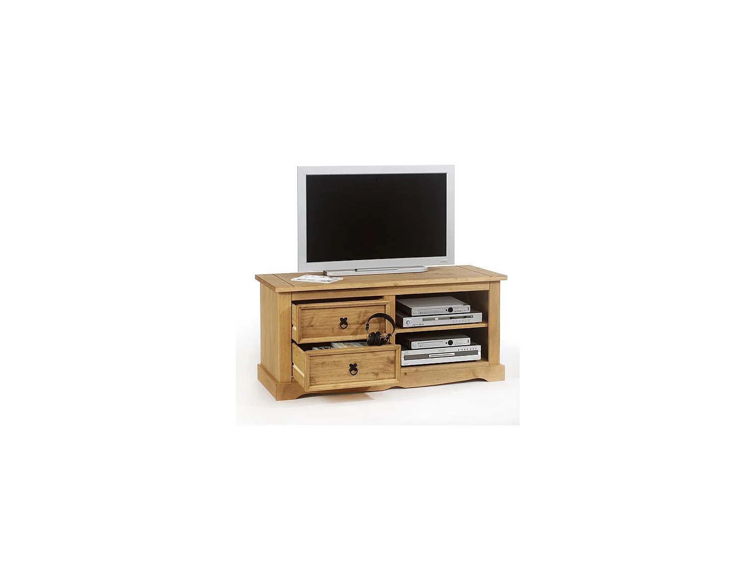 Meuble TV TEQUILA L 120 cm en bois massif brun avec 2 tiroirs et 2 niches, meuble de salon style mexicain