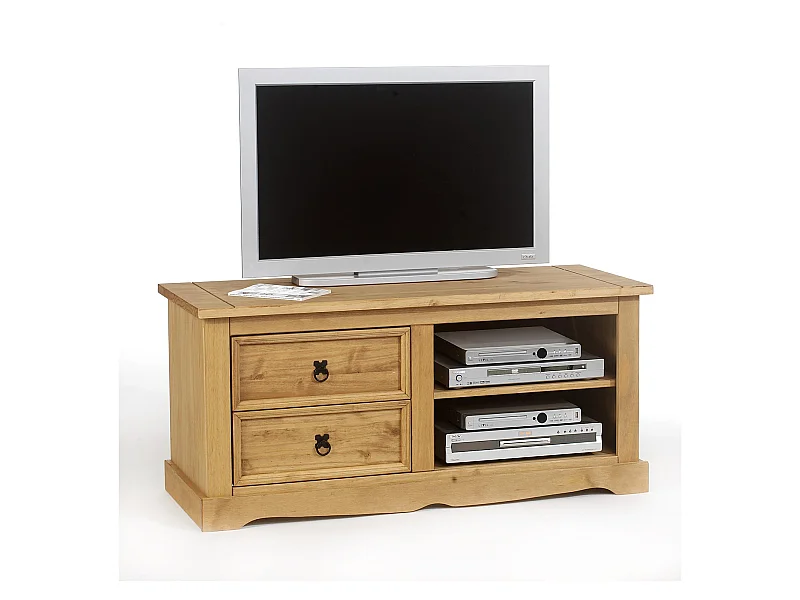 Meuble TV TEQUILA L 120 cm en bois massif brun avec 2 tiroirs et 2 niches, meuble de salon style mexicain