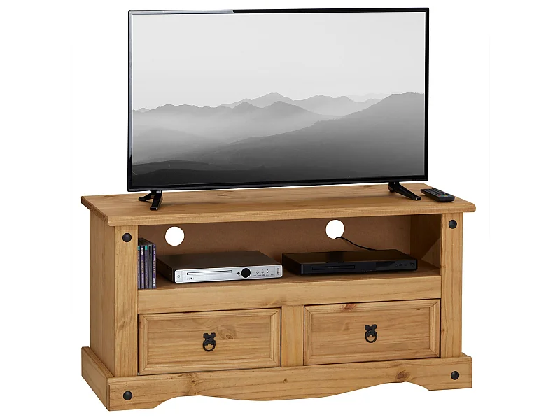 Meuble TV SALSA banc télévision de 108 cm en bois style mexicain avec 2 tiroirs et 1 niche, en pin massif finition teintée/cirée