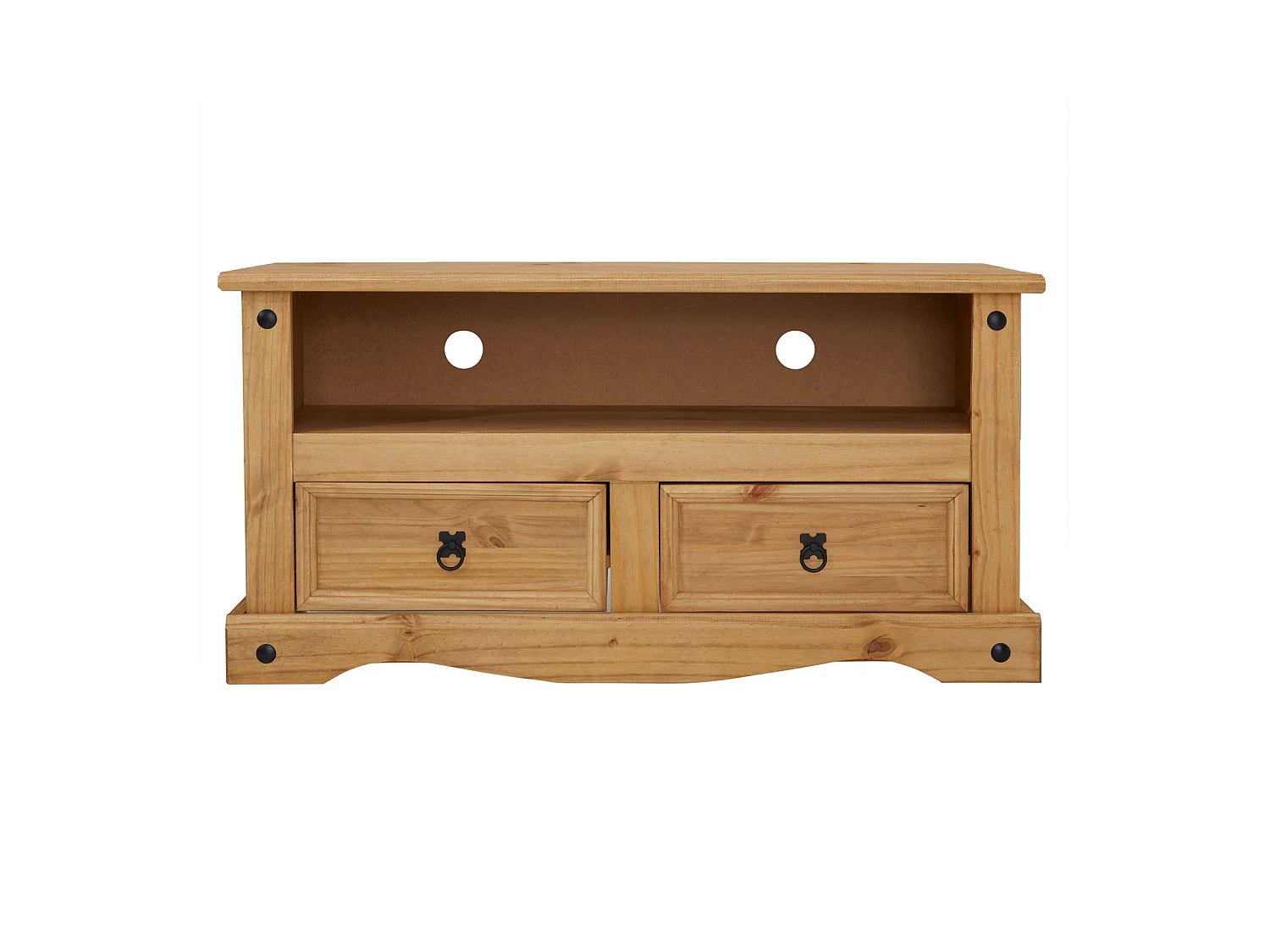 Meuble TV SALSA banc télévision de 108 cm en bois style mexicain avec 2 tiroirs et 1 niche, en pin massif finition teintée/cirée