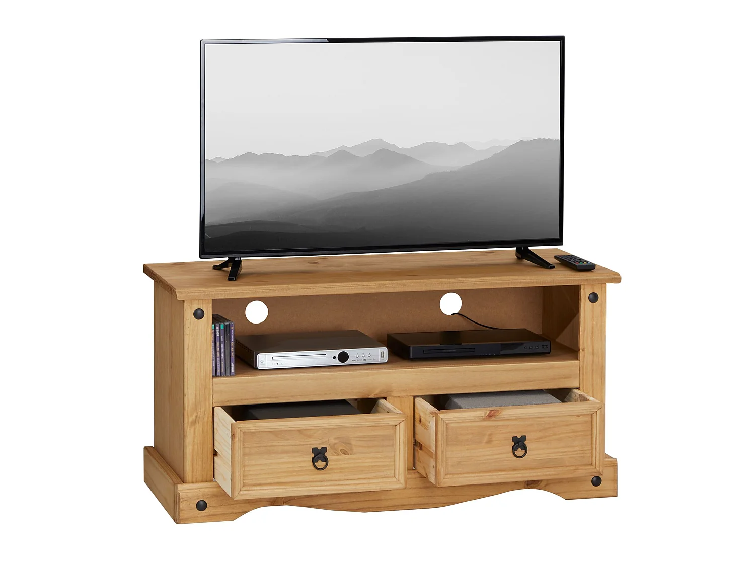 Meuble TV SALSA banc télévision de 108 cm en bois style mexicain avec 2 tiroirs et 1 niche, en pin massif finition teintée/cirée