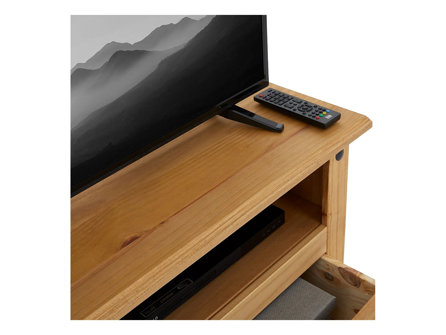 Meuble TV SALSA banc télévision de 108 cm en bois style mexicain avec 2 tiroirs et 1 niche, en pin massif finition teintée/cirée