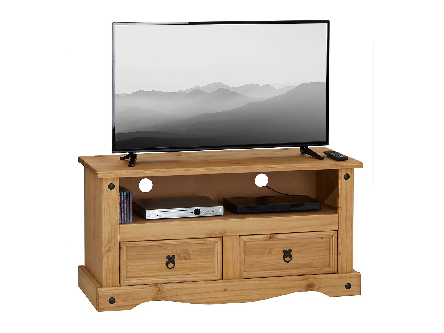 Meuble TV SALSA banc télévision de 108 cm en bois style mexicain avec 2 tiroirs et 1 niche, en pin massif finition teintée/cirée