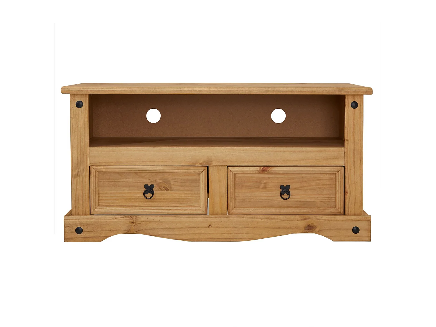 Meuble TV SALSA banc télévision de 108 cm en bois style mexicain avec 2 tiroirs et 1 niche, en pin massif finition teintée/cirée