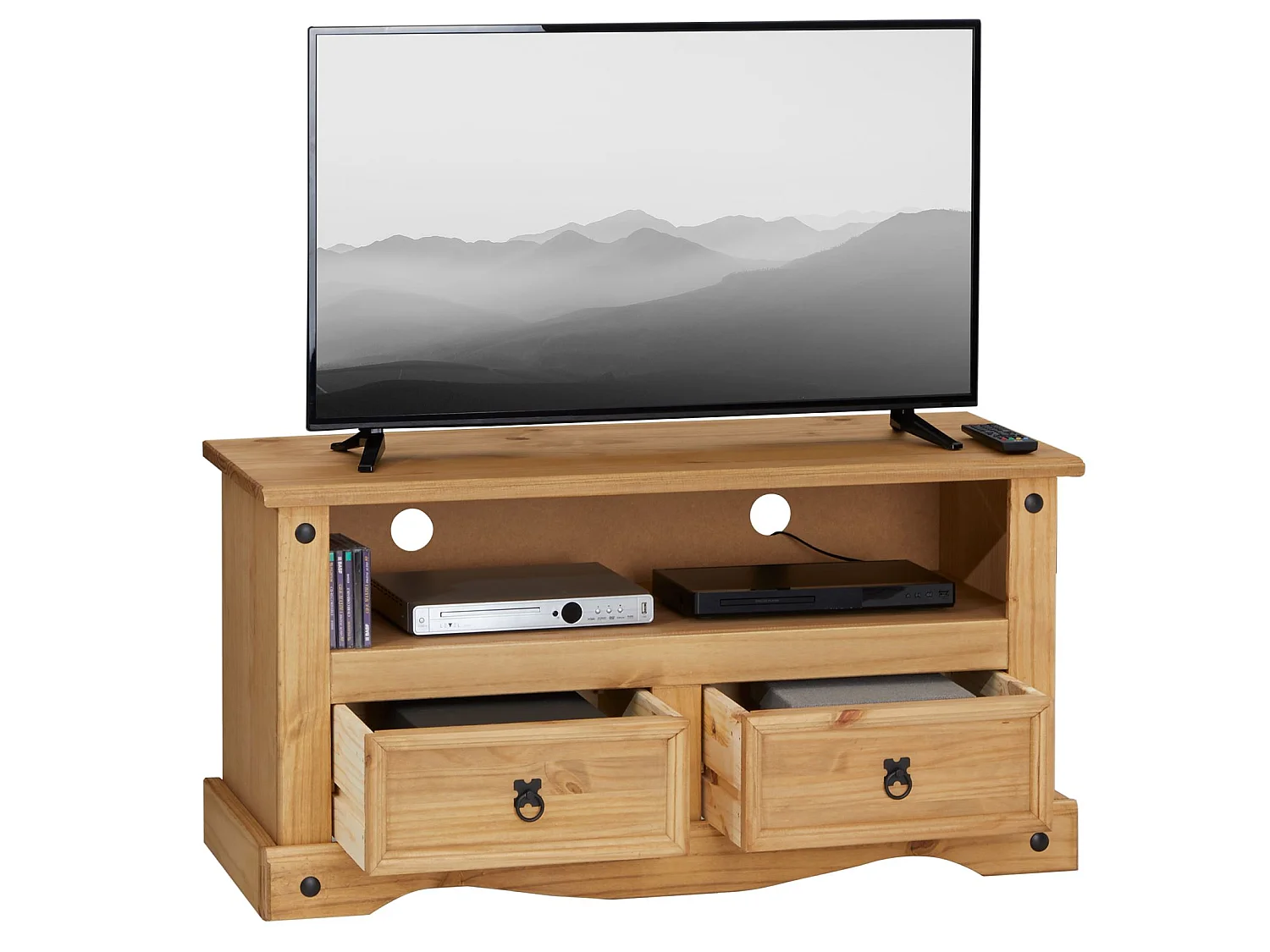 Meuble TV SALSA banc télévision de 108 cm en bois style mexicain avec 2 tiroirs et 1 niche, en pin massif finition teintée/cirée