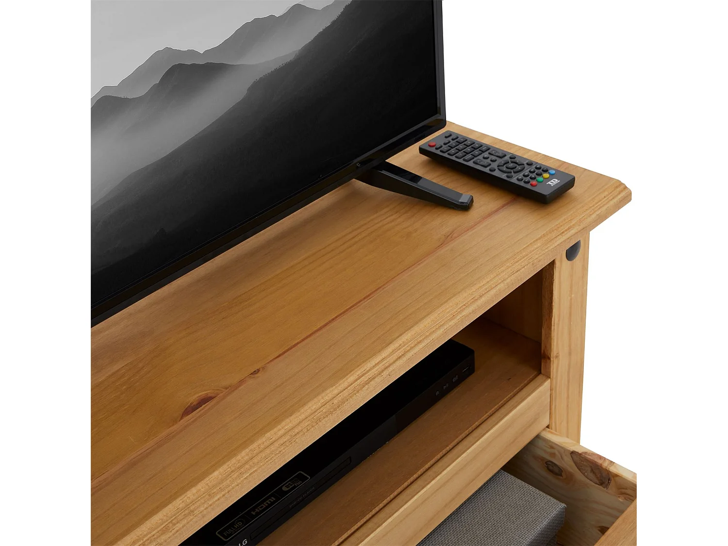 Meuble TV SALSA banc télévision de 108 cm en bois style mexicain avec 2 tiroirs et 1 niche, en pin massif finition teintée/cirée