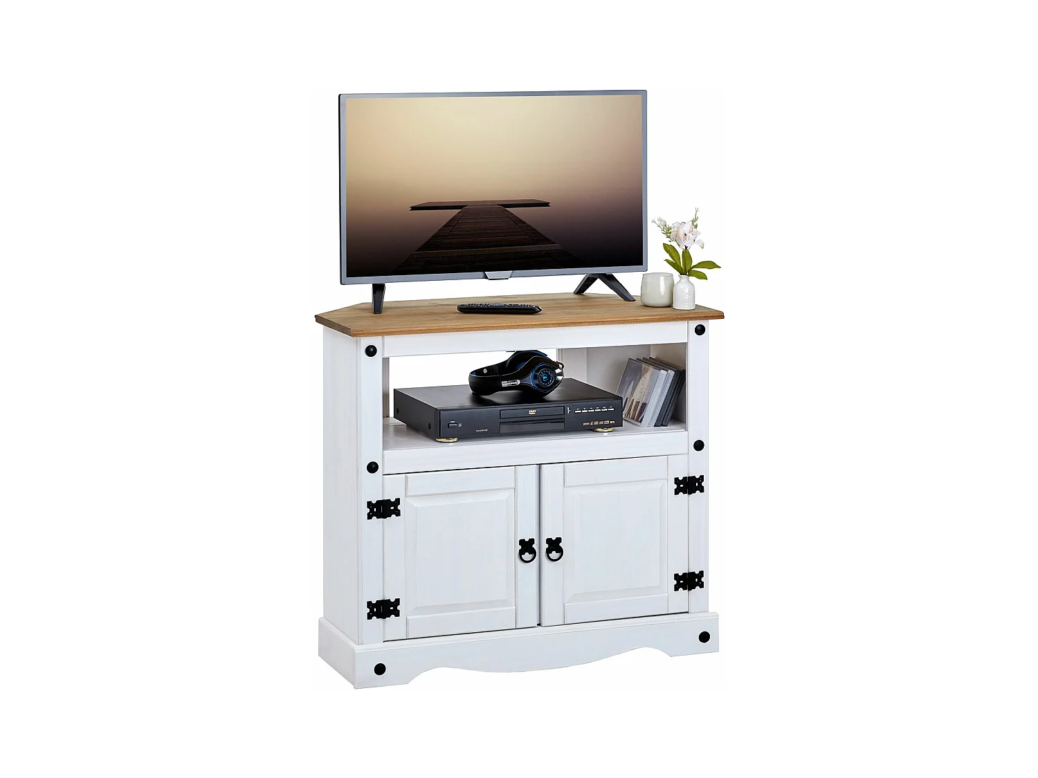 Meuble TV CAMPO L 85 cm en bois massif blanc et brun avec 2 portes et une niche, meuble de salon style mexicain