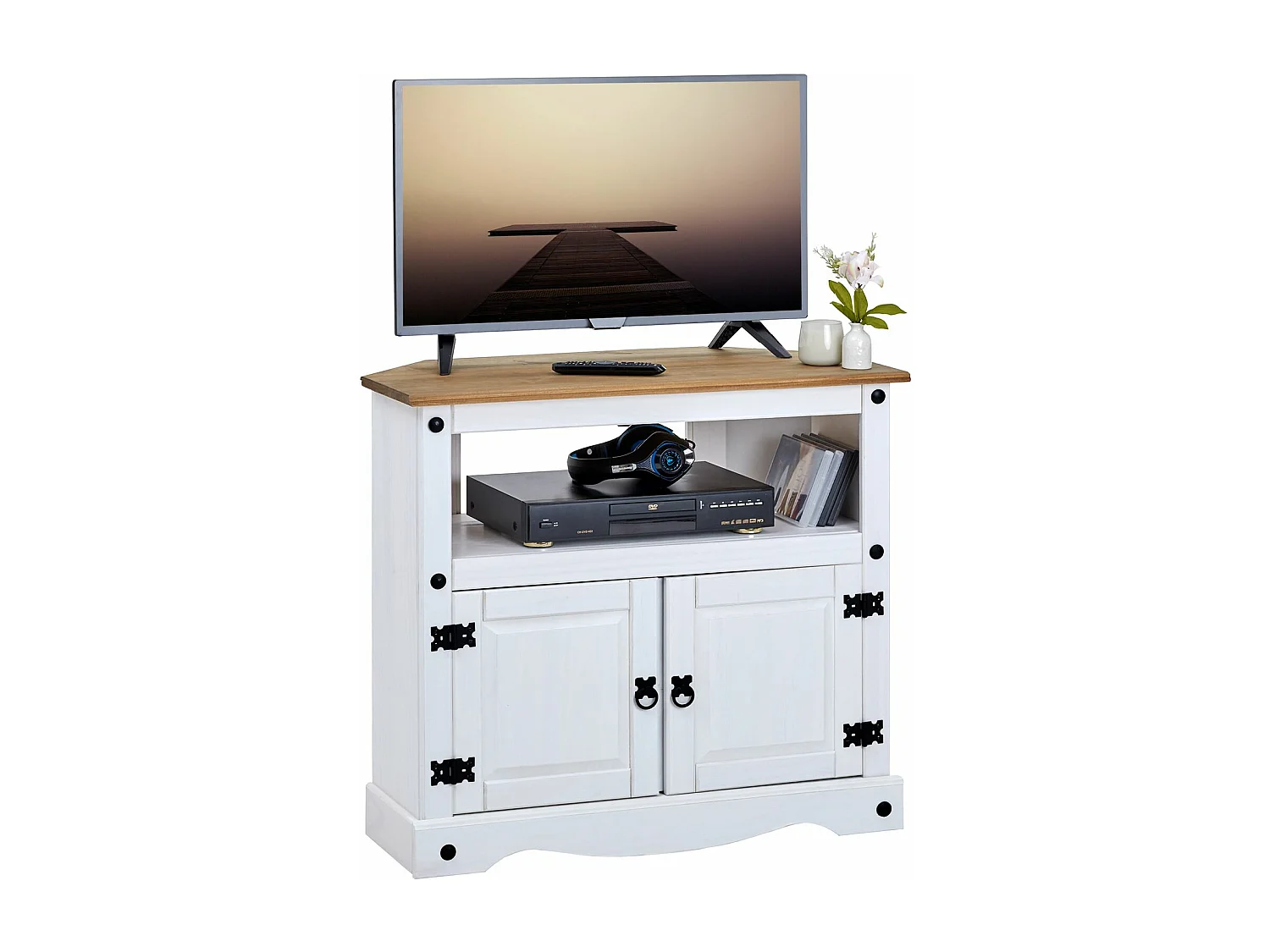 Meuble TV CAMPO L 85 cm en bois massif blanc et brun avec 2 portes et une niche, meuble de salon style mexicain