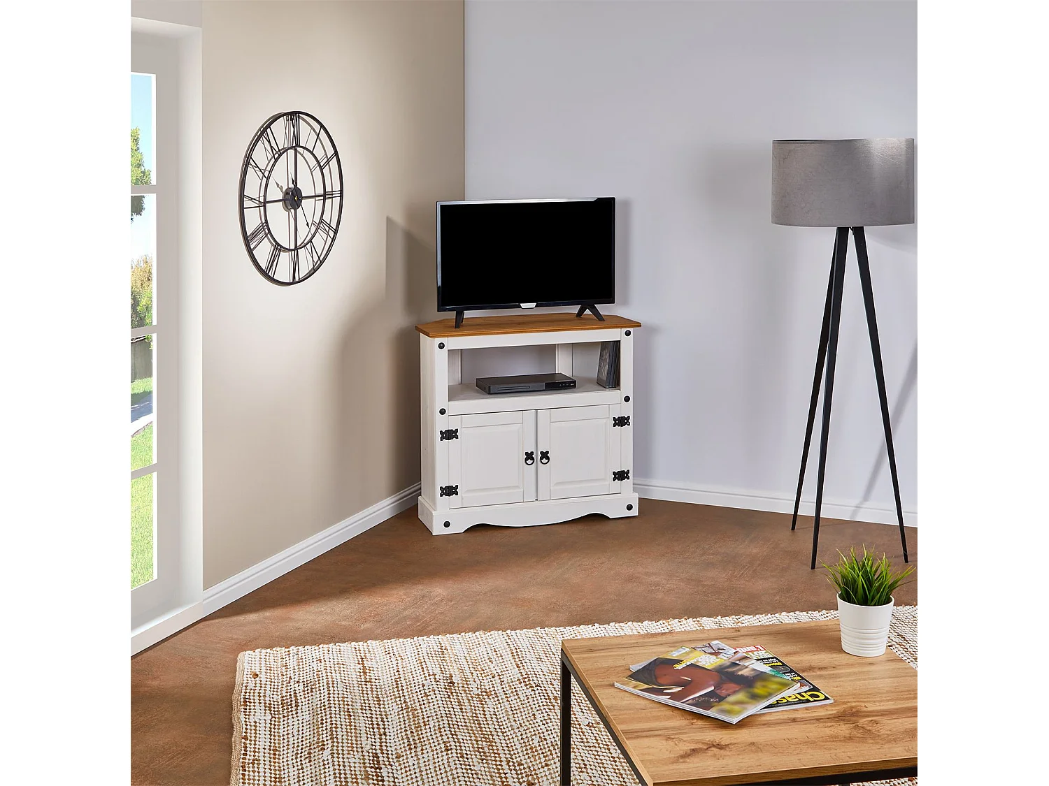 Meuble TV CAMPO L 85 cm en bois massif blanc et brun avec 2 portes et une niche, meuble de salon style mexicain