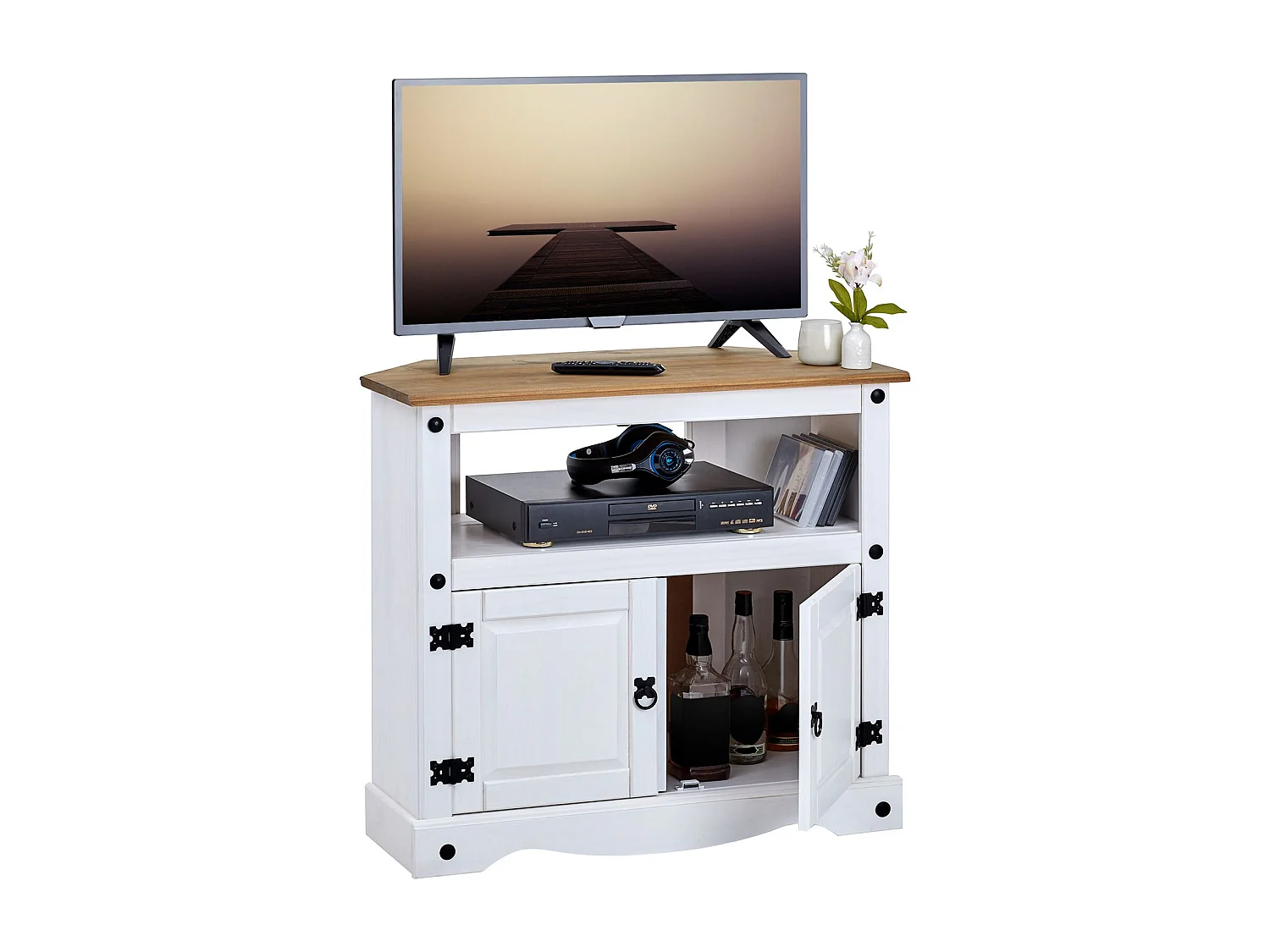 Meuble TV CAMPO L 85 cm en bois massif blanc et brun avec 2 portes et une niche, meuble de salon style mexicain