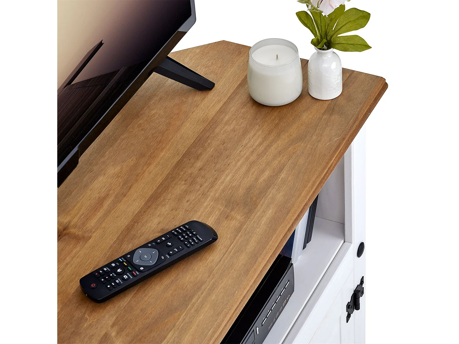 Meuble TV CAMPO L 85 cm en bois massif blanc et brun avec 2 portes et une niche, meuble de salon style mexicain