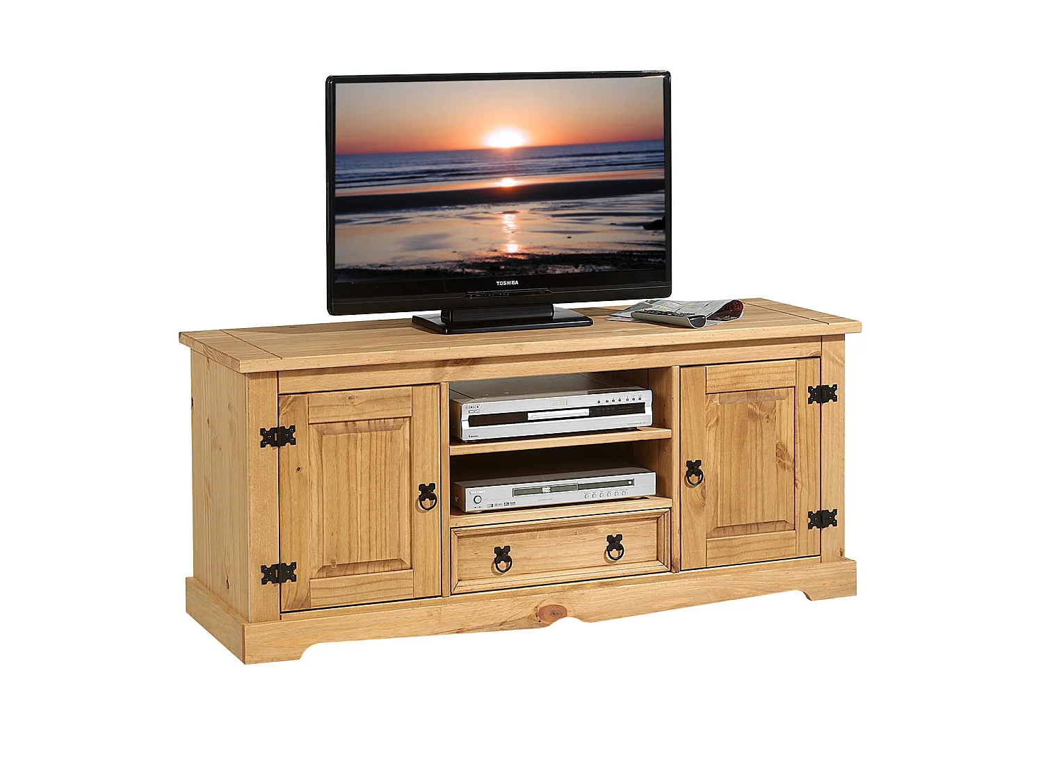 Meuble TV TEQUILA banc télé de 140 cm style mexicain avec 1 tiroir 2 niches et 2 portes, en pin massif finition teintée/cirée