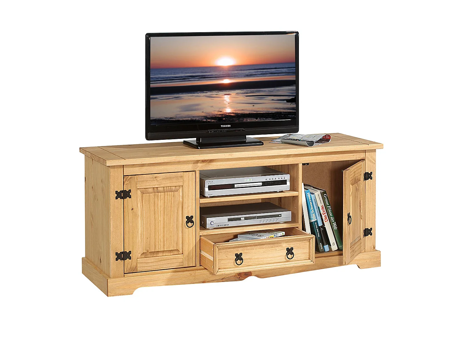 Meuble TV TEQUILA banc télé de 140 cm style mexicain avec 1 tiroir 2 niches et 2 portes, en pin massif finition teintée/cirée