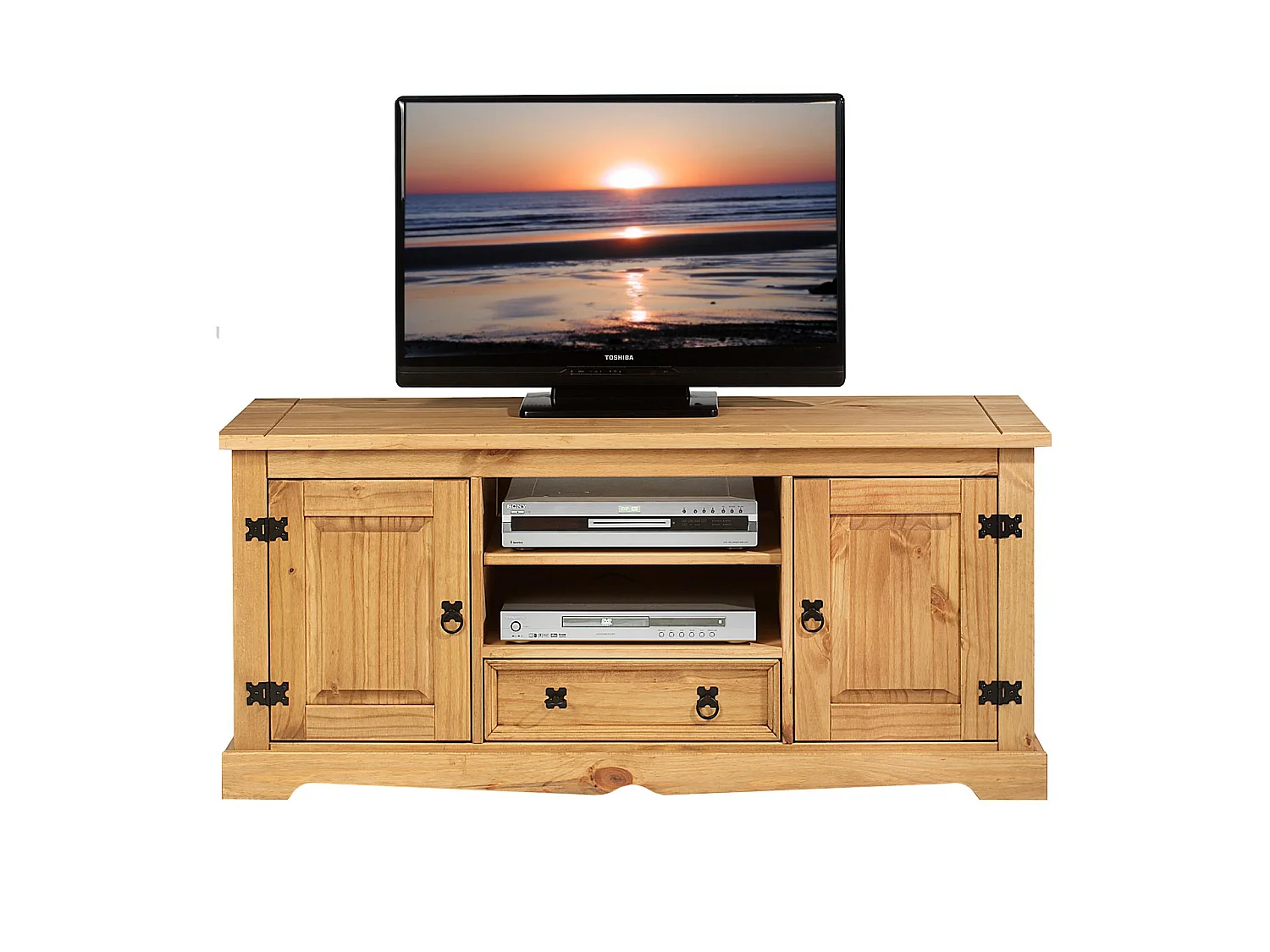 Meuble TV TEQUILA banc télé de 140 cm style mexicain avec 1 tiroir 2 niches et 2 portes, en pin massif finition teintée/cirée
