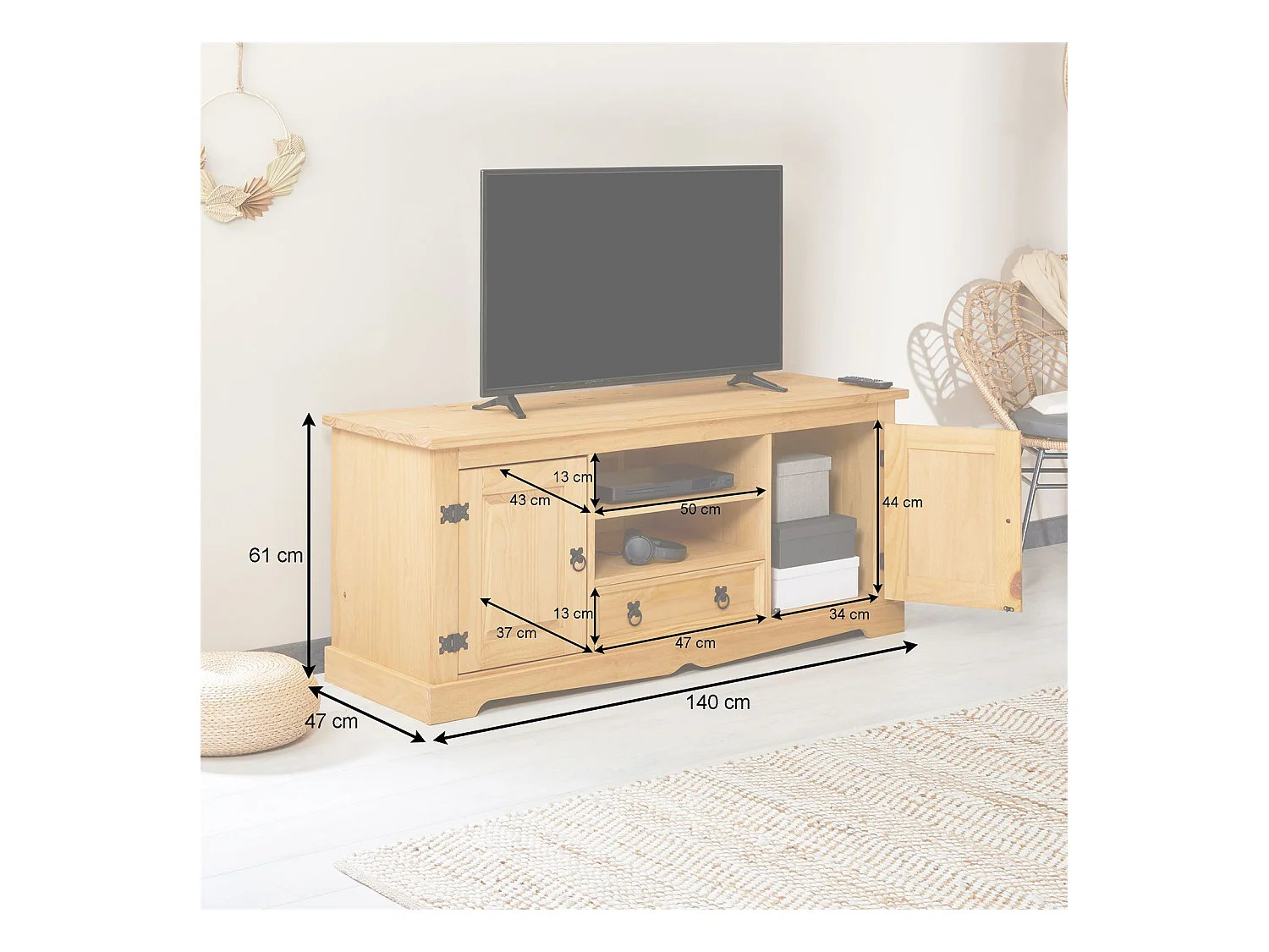 Meuble TV TEQUILA banc télé de 140 cm style mexicain avec 1 tiroir 2 niches et 2 portes, en pin massif finition teintée/cirée