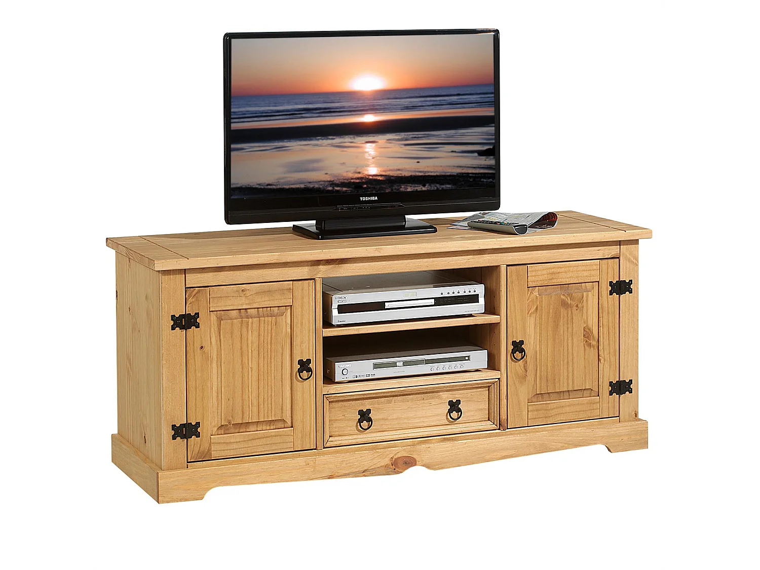 Meuble TV TEQUILA banc télé de 140 cm style mexicain avec 1 tiroir 2 niches et 2 portes, en pin massif finition teintée/cirée