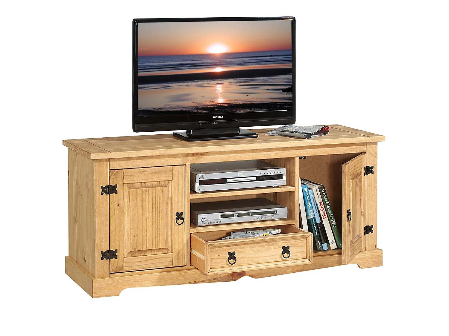 Meuble TV TEQUILA banc télé de 140 cm style mexicain avec 1 tiroir 2 niches et 2 portes, en pin massif finition teintée/cirée