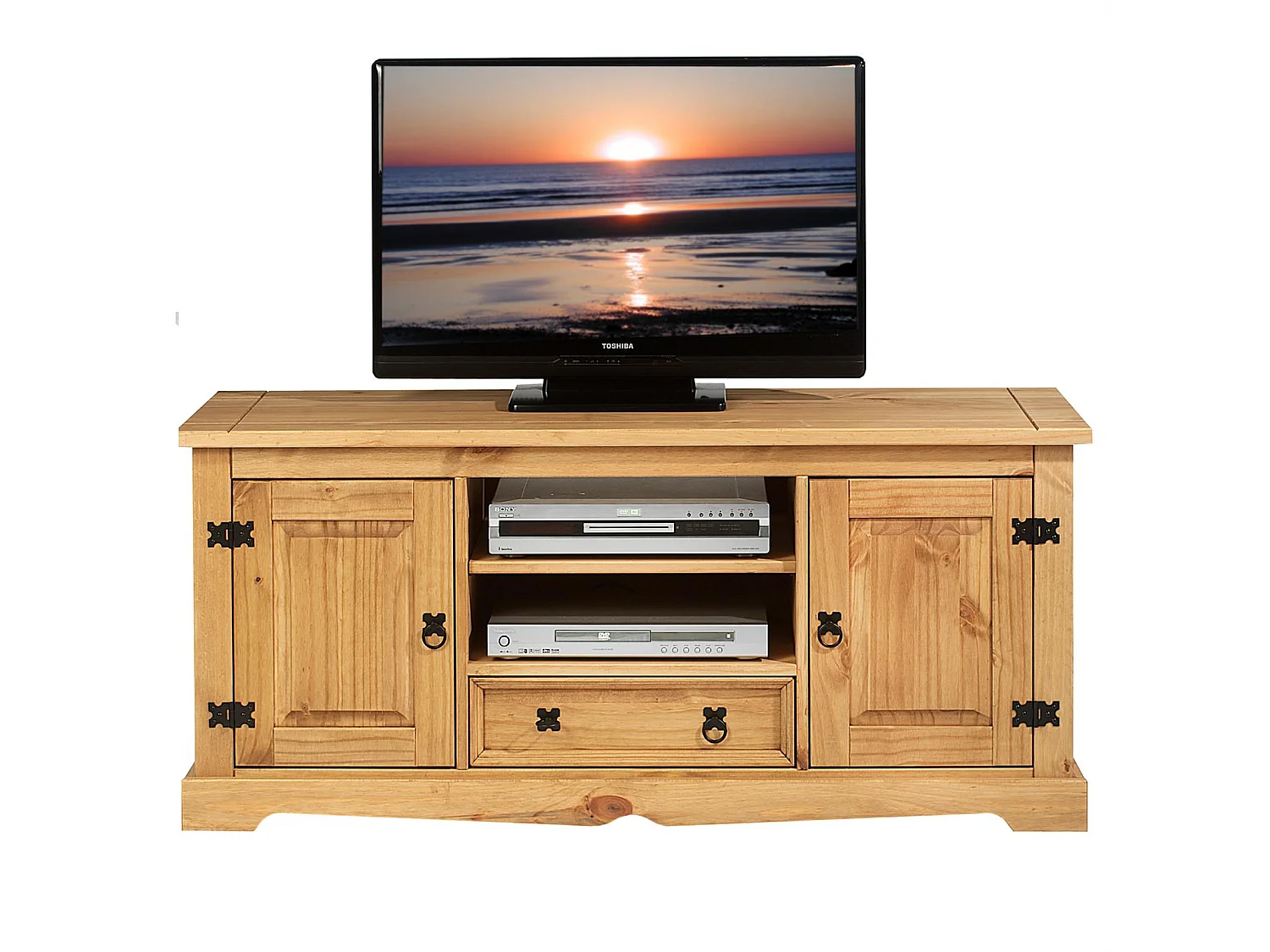 Meuble TV TEQUILA banc télé de 140 cm style mexicain avec 1 tiroir 2 niches et 2 portes, en pin massif finition teintée/cirée