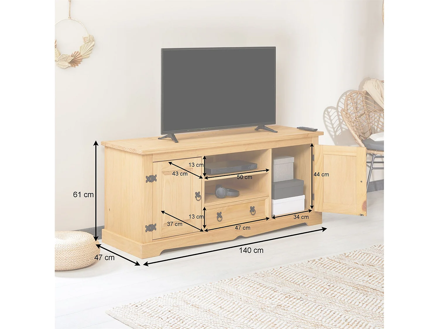 Meuble TV TEQUILA banc télé de 140 cm style mexicain avec 1 tiroir 2 niches et 2 portes, en pin massif finition teintée/cirée