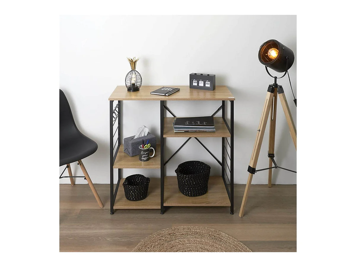 STAVI - Meuble de Rangement Métal Noir Plateaux Effet Bois