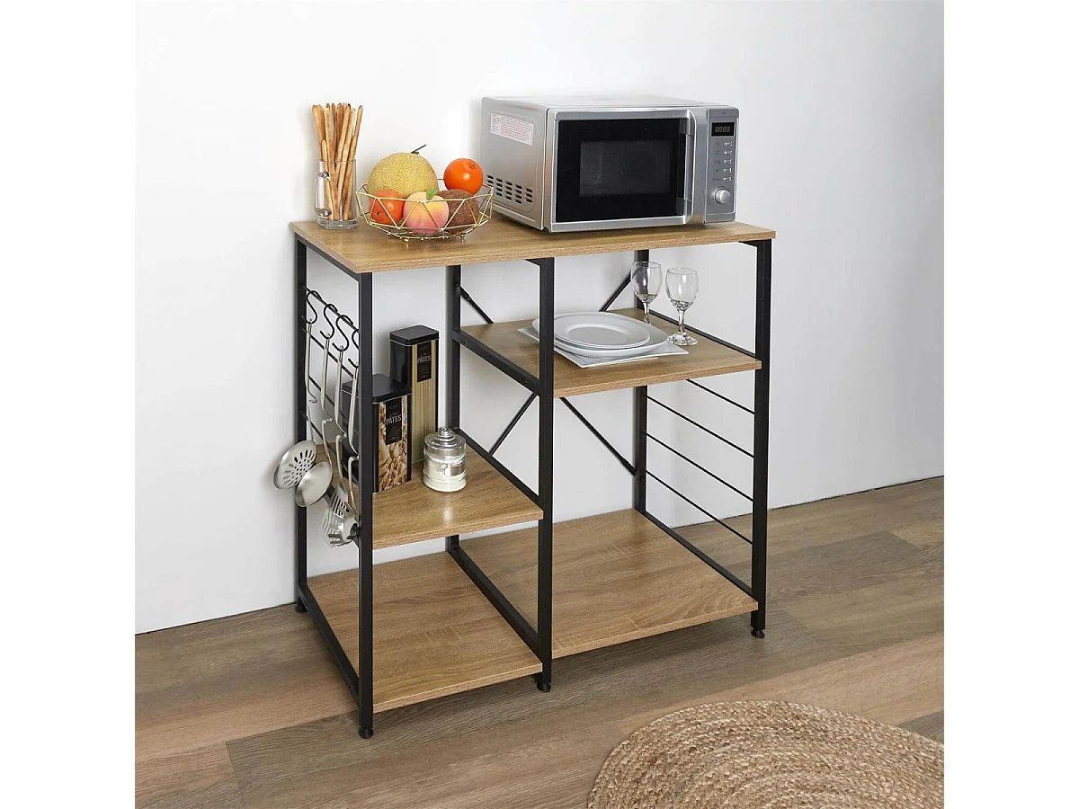 STAVI - Meuble de Rangement Métal Noir Plateaux Effet Bois