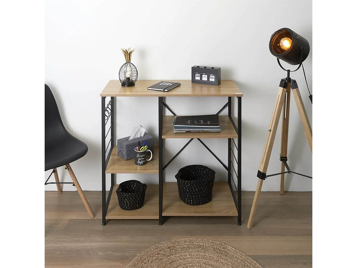 STAVI - Meuble de Rangement Métal Noir Plateaux Effet Bois