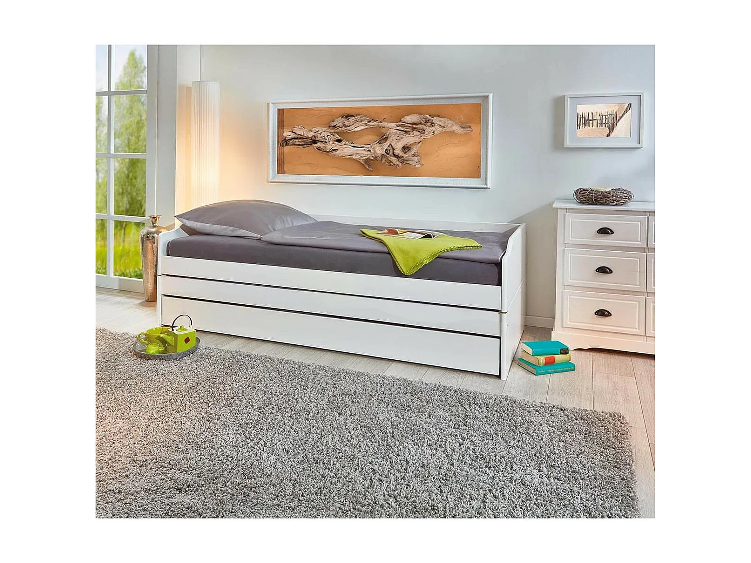 BARBARA - Lit Gigogne 3 Couchages 90x190cm Blanc + 2 Matelas Ibiza