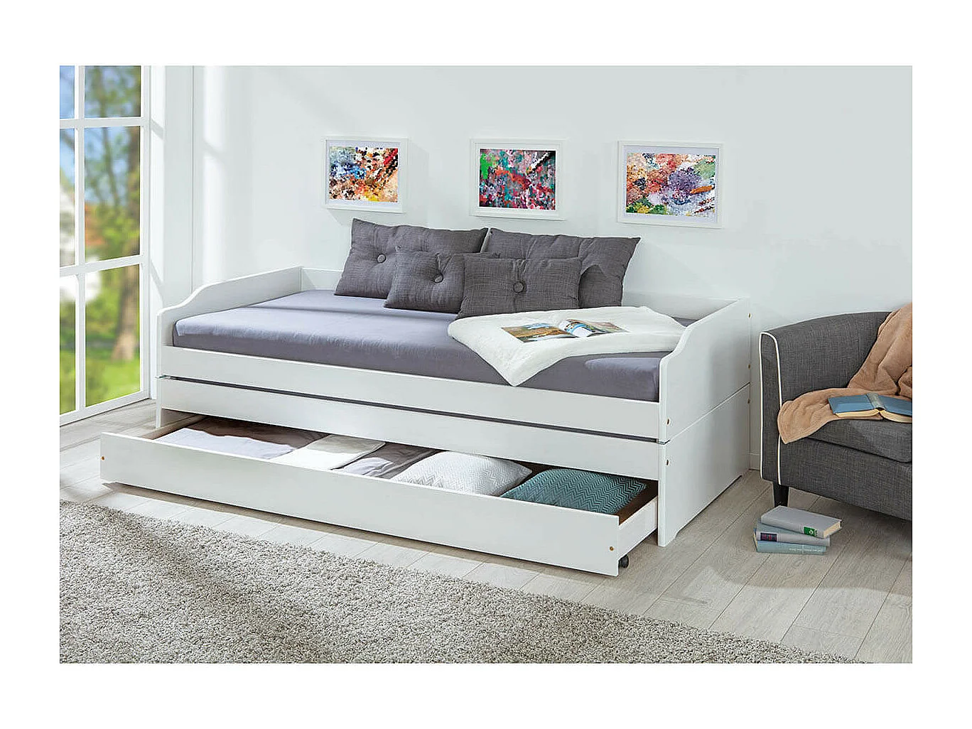 BARBARA - Lit Gigogne 3 Couchages 90x190cm Blanc + 2 Matelas Ibiza