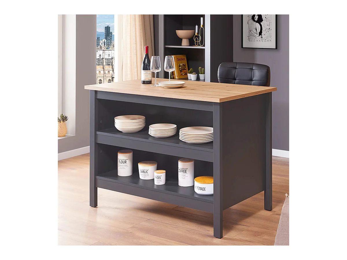 KENNY - Ilot de Cuisine Anthracite et Plateau Effet Bois