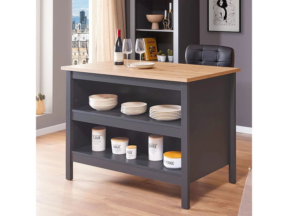KENNY - Ilot de Cuisine Anthracite et Plateau Effet Bois