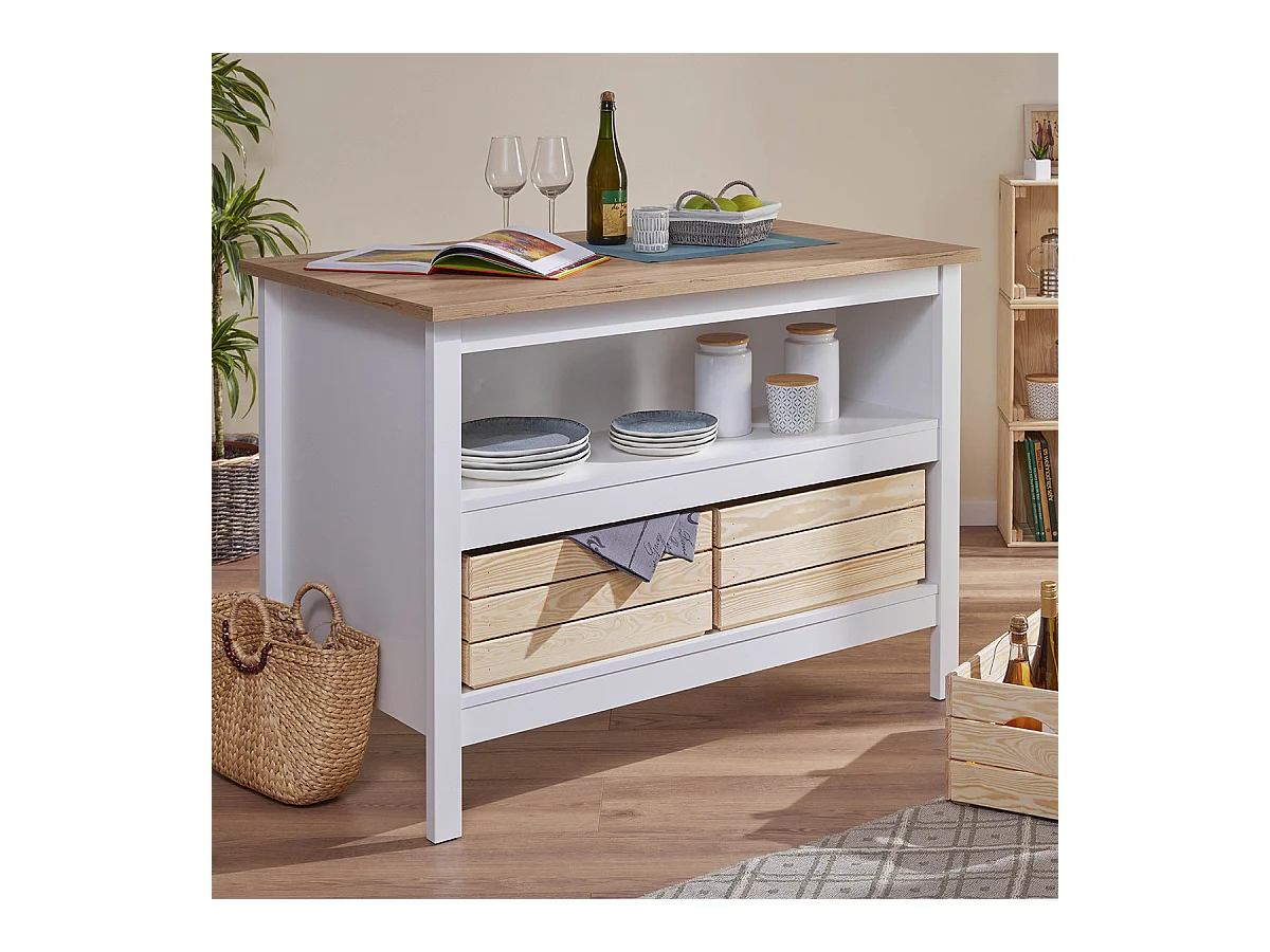 KENNY - Ilot de Cuisine Blanc et Plateau Effet Bois