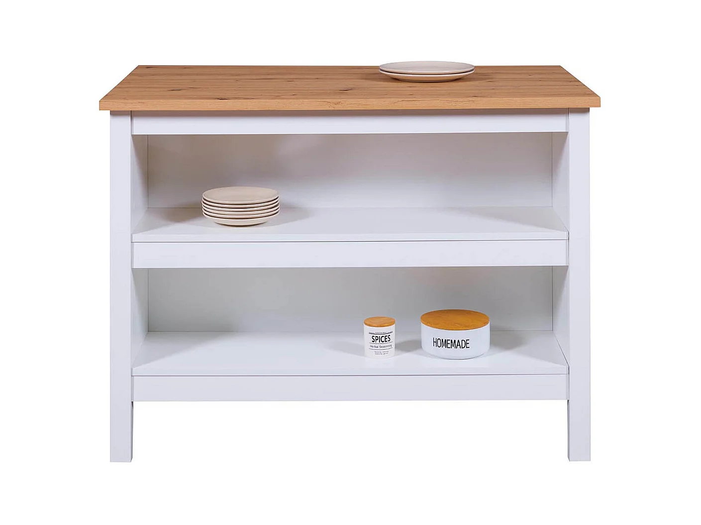 KENNY - Ilot de Cuisine Blanc et Plateau Effet Bois