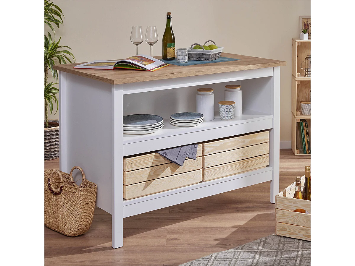 KENNY - Ilot de Cuisine Blanc et Plateau Effet Bois