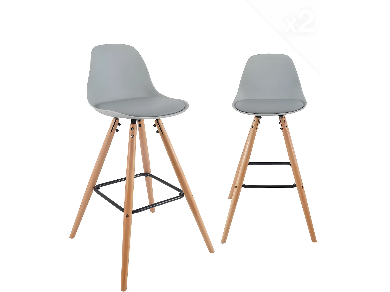 Lot 2 tabourets de bar scandinaves 71cm dossier coussin simili cuir pieds bois SHUG (gris)