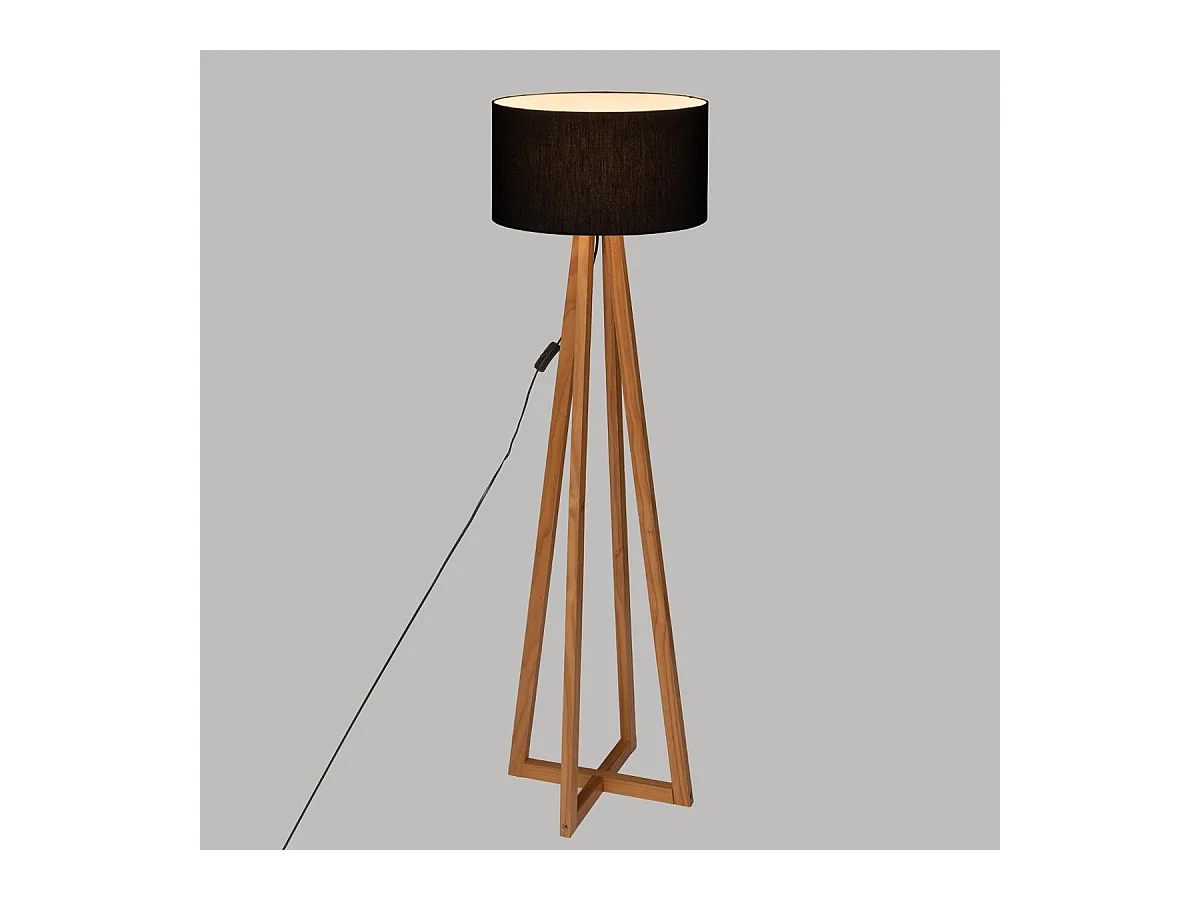 Lampadaire Pied en Bois et Abat-jour Noir H 141 cm
