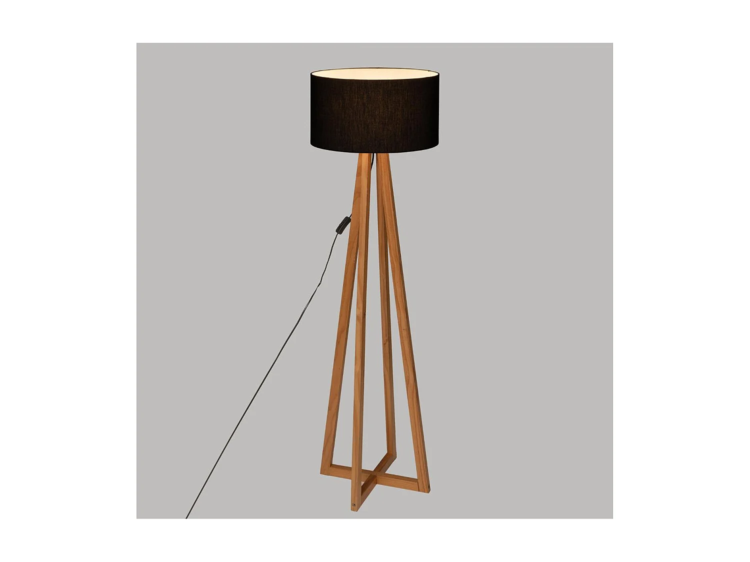 Lampadaire Pied en Bois et Abat-jour Noir H 141 cm
