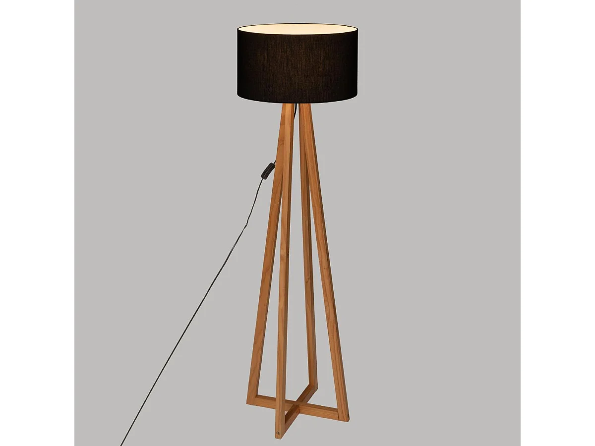 Lampadaire Pied en Bois et Abat-jour Noir H 141 cm