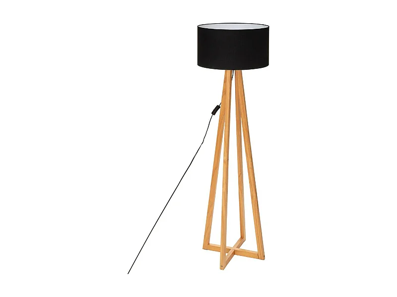 Lampadaire Pied en Bois et Abat-jour Noir H 141 cm