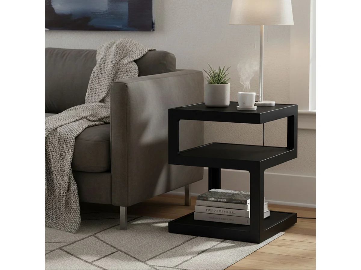 CUBIKA - Chevet Noir 3 Niveaux Plateaux en Verre