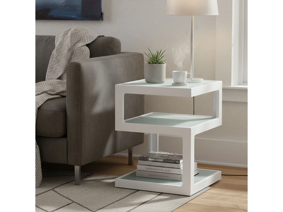 CUBIKA - Chevet Blanc 3 Niveaux Plateaux en Verre