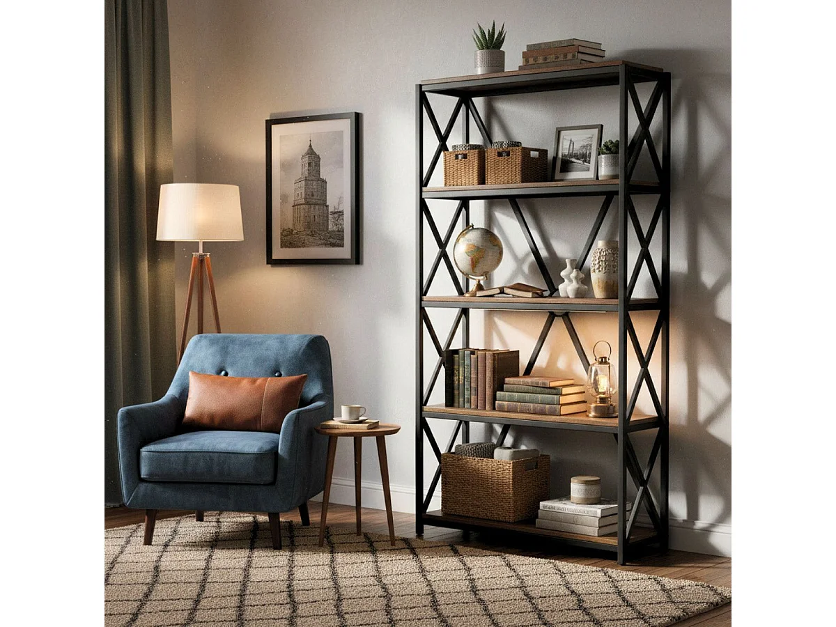 BOSQUE - Etagère 5 Niveaux Plateau en Bois Massif et Structure en Acier