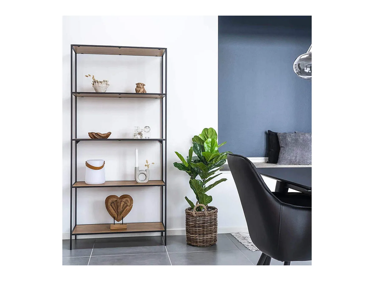 VOLLRAD - Etagère Large 5 Plateaux Acier Noir et Bois Naturel